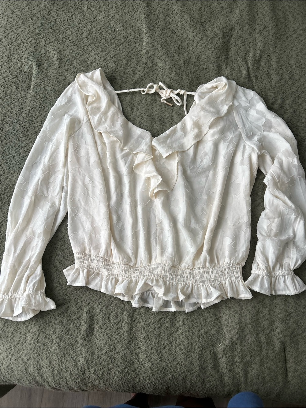 Anthropologie Cream Ruffle-Detail Long Sleeve Blouse